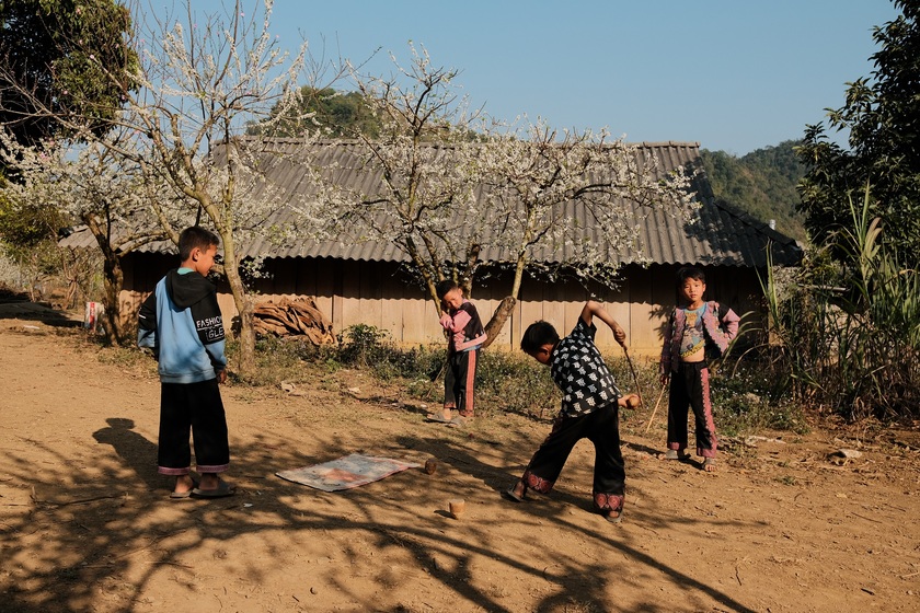 Tiếng cười giòn tan vang khắp bản làng khi những con cù xoay tròn trên nền đất