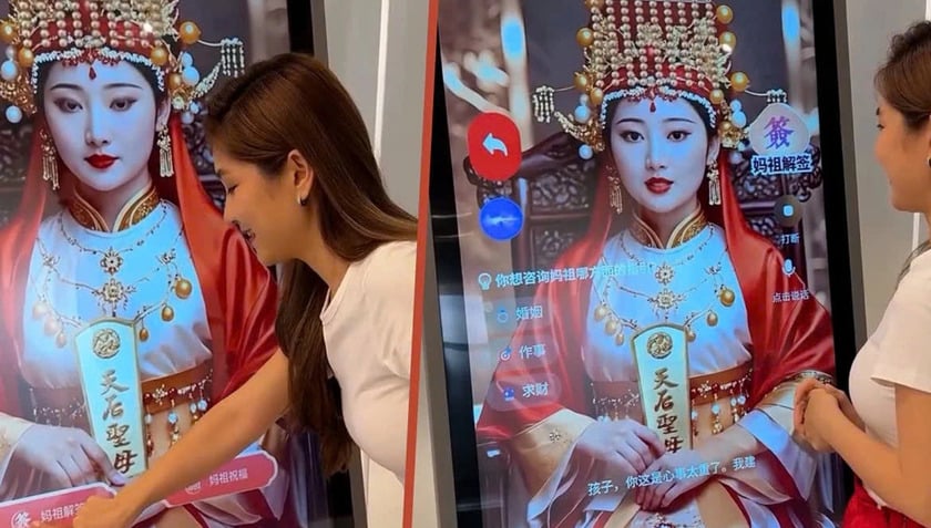 Theo đoạn video do đền bà Thiên Hậu công bố, tượng AI Ma Tổ xuất hiện trên màn hình với hình ảnh một phụ nữ trẻ mặc trang phục truyền thống Trung Quốc, gương mặt được mô tả giống nữ diễn viên Lưu Diệc Phi