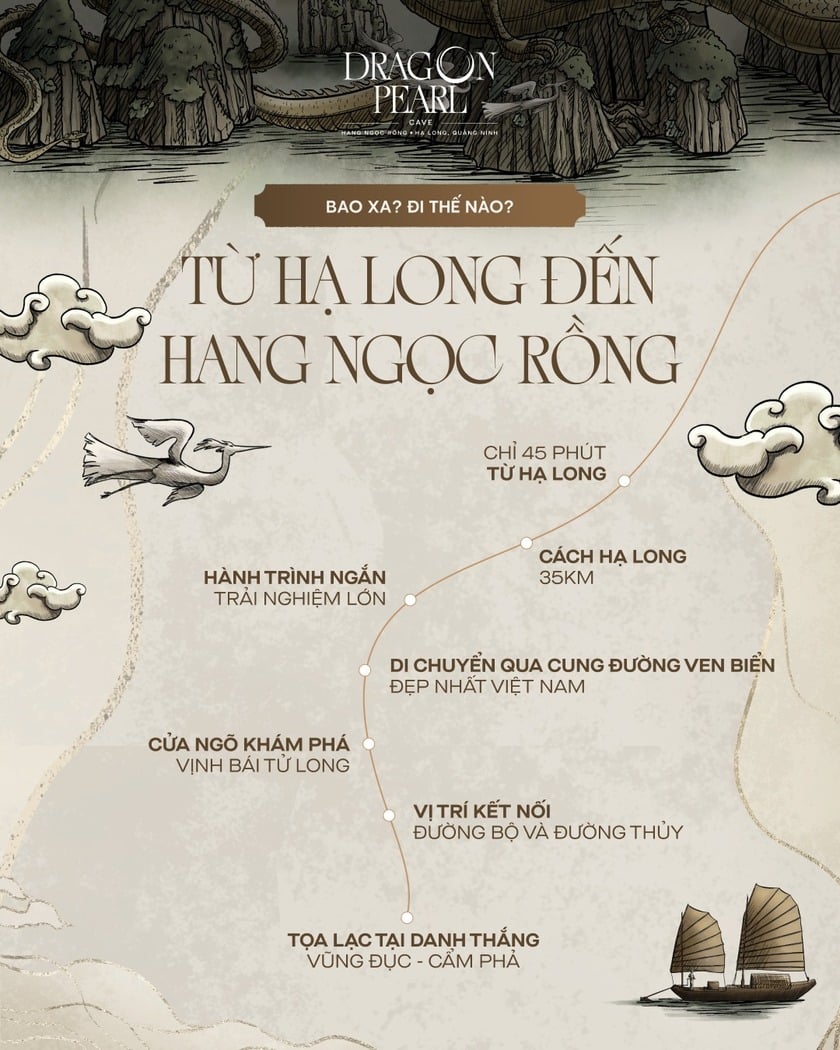 Cách trung tâm Hạ Long chỉ 35 km, hang Ngọc Rồng nằm trên cung đường ven biển được mệnh danh là một trong những tuyến đường đẹp nhất Việt Nam, nối liền Hạ Long và Cẩm Phả