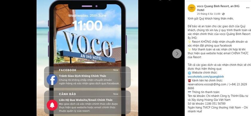 voco Quảng Bình Resort thuộc tập đoàn IHG cũng lên tiếng cảnh báo cho du khách khi giao dịch chuyển khoản