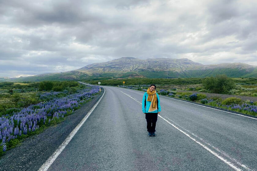 Chị Linh Nguyễn trên con đường hoa lupine trải dài hai bên trong hành trình 10 ngày rong ruổi tại Iceland