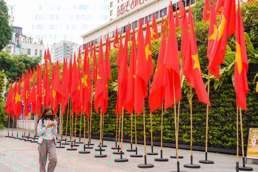 Hàng cột cờ nghiêm trang trước Nhà văn hoá Thanh niên