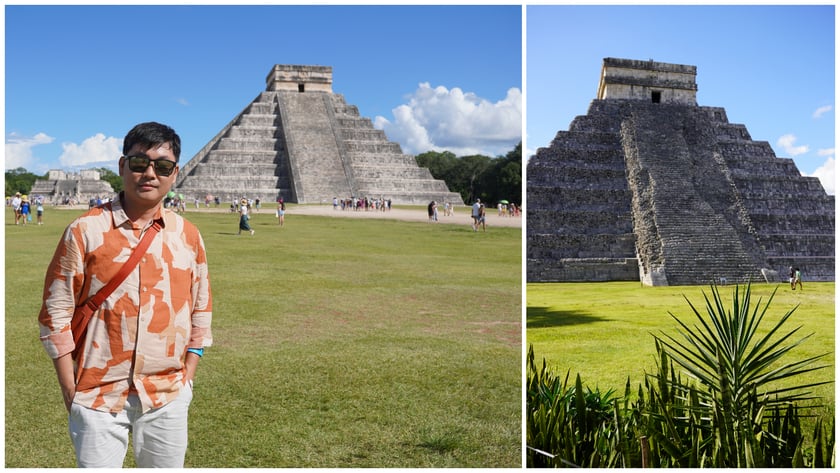 Tác giả tại Chichén Itzá, nơi quá khứ của người Maya vẫn đang đối thoại với hiện tại; Kim tự tháp El Castillo, biểu tượng của nền văn minh Maya giữa bán đảo Yucatán
