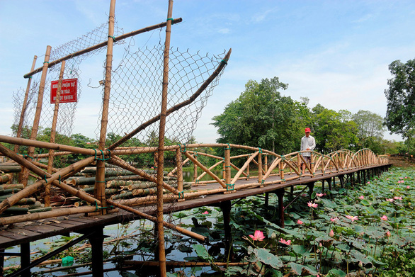 Cây cầu tre bắc từ đê Kim Oanh sang đảo Phương Trượng trong hồ Tịnh Tâm được làm lại từ tre thừa ở các công trình trùng tu di tích
