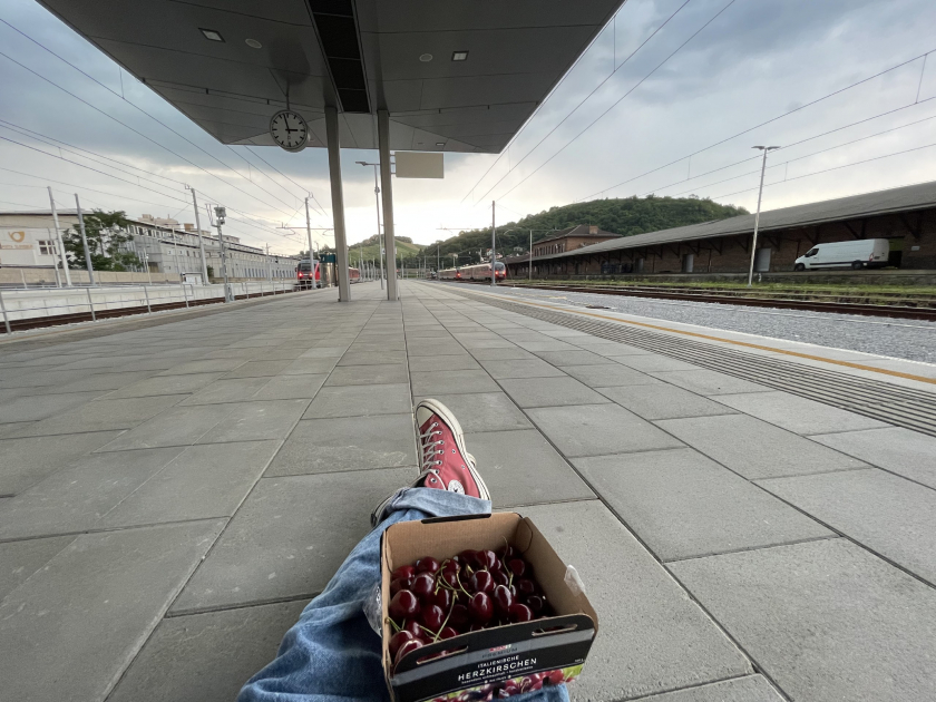 Ngồi nhâm nhi cherry trong lúc đợi tàu tới ở Maribor