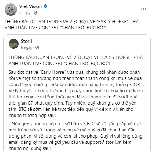 Thông báo của Việt Vision trên fanpage chính thức.