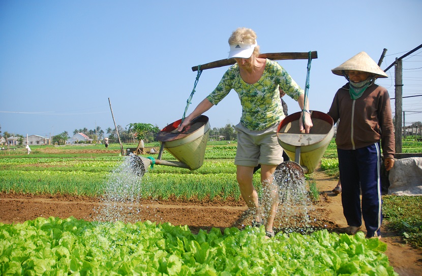 Du khách trải nghiệm làm nông dân tại làng rau Trà Quế - cách trung tâm TP Hội An 3 km về hướng Tây Bắc.