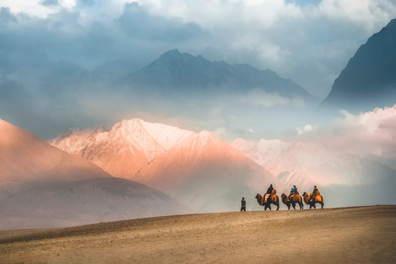 Cưỡi lạc đà băng qua sa mạc lạnh ở thung lũng Nubra