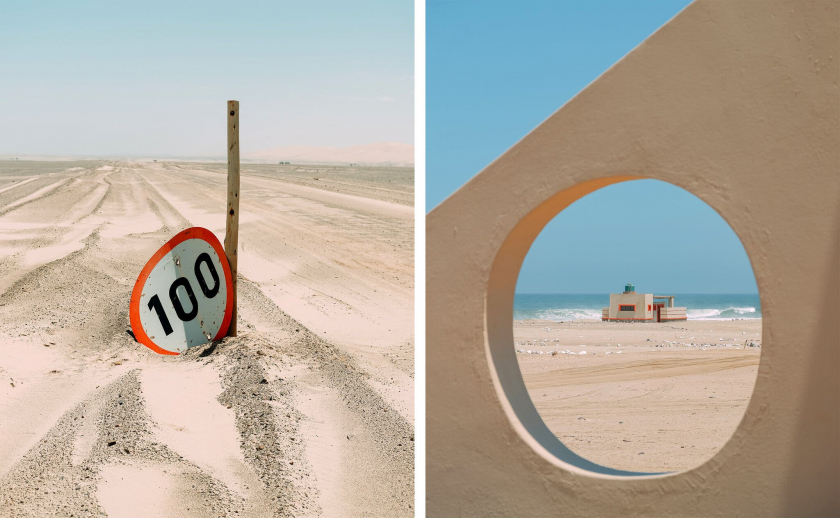 Đường cao tốc C34, dọc theo bờ biển của Namibia, hầu như không thể phân biệt được với sa mạc xung quanh.