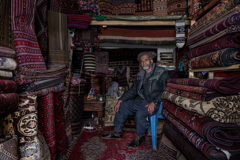 Sayed Jafar, một người bán thảm, đang ngồi trong cửa hàng của mình ở Kabul. Kể từ khi Taliban tiếp quản, hoạt động kinh doanh của ông về cơ bản đã dừng lại do hầu hết khách hàng đã rời khỏi đất nước.