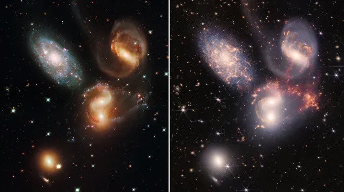 So sánh song song hình ảnh năm 2009 của Hubble về Bộ tứ Stephan ( trái ) với phiên bản JWST 2022 ( phải ), cho thấy chi tiết mới đáng kinh ngạc bên trong và giữa các thiên hà lớn hơn