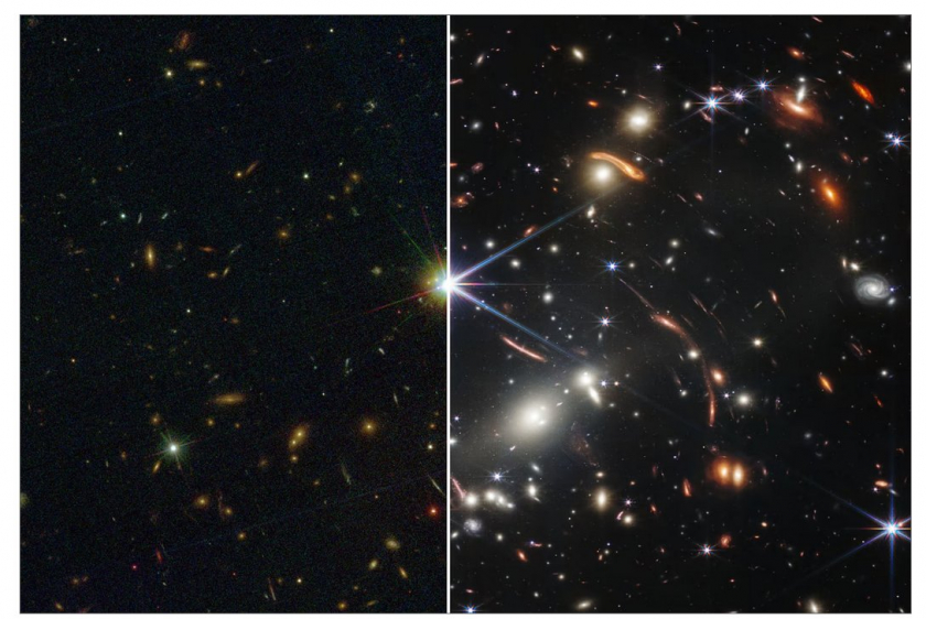 So sánh hình ảnh trước đó của Hubble về cụm thiên hà SMACS 0723, được nhìn thấy vào năm 2017 ( trái ), với hình ảnh mới, năm 2022 của JWST ( phải ), cho thấy mức độ sáng và chi tiết tăng lên do các quan sát của JWST mang lại