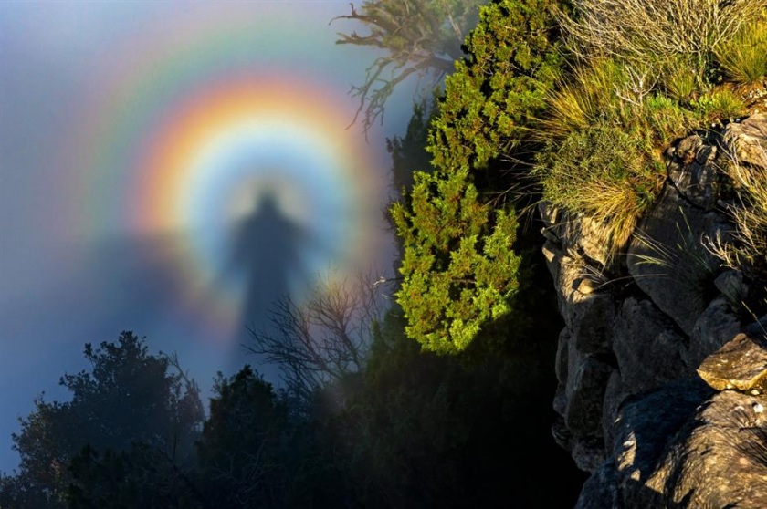 Bóng ma dưới vách đá ở Tavertet, Tây Ban Nha: Ảo ảnh quang học này được gọi là Brocken Spectre, xảy ra khi bóng của một người bị ánh nắng Mặt Trời chiếu qua sương mù (hoặc sương mù ở phía sau) làm cho bóng của họ trông rất lớn. Hiện tượng này khá phổ biến ở những ngọn núi xung quanh Tavertet, nơi nhiếp ảnh gia Emili Vilamala Benito chụp được bức ảnh này