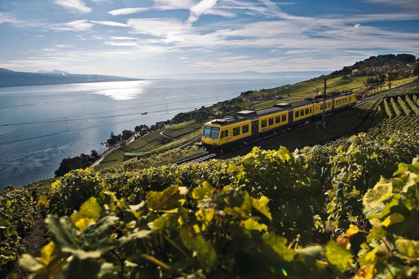 Tàu Train des Vignes đi qua hồ Geneva khi di chuyển giữa Vevey và Puidoux cùng những vườn nho Lavaux ở Thụy Sĩ