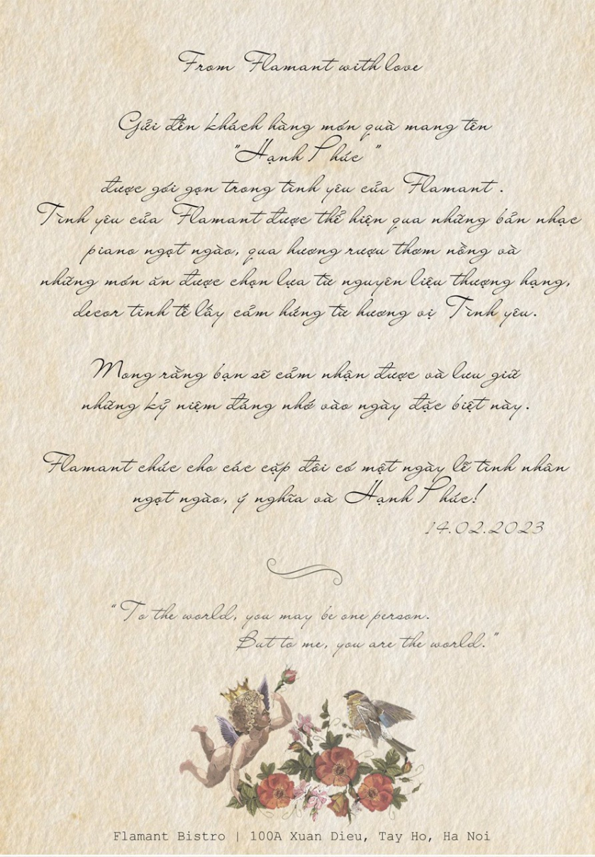Bức thư tình Flamant Bistro dành tặng cho các cặp đôi dịp Valentine năm nay