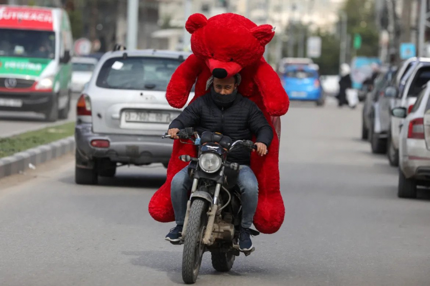 Người đàn ông Palestine giữ thăng bằng cho chú gấu bông khổng lồ khi lái xe máy vào Ngày Lễ Tình nhân ở thành phố Gaza