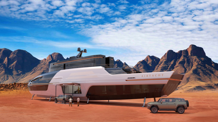 Du thuyền bay nhìn như một khách sạn khi đậu trên sa mạc.
