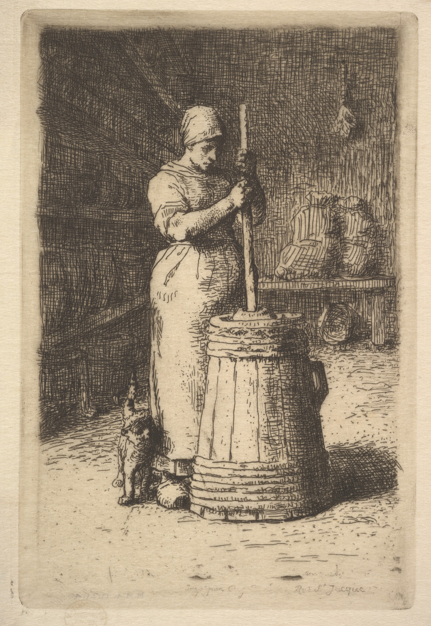 Hình ảnh một cô gái châu Âu thời xưa đang khuấy bơ trong một chiếc xô to lớn.