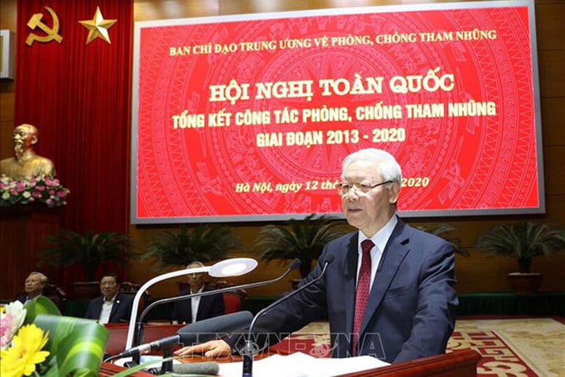 Tổng Bí thư Nguyễn Phú Trọng phát biểu tại Hội nghị toàn quốc tổng kết công tác phòng chống tham nhũng giai đoạn 2013-2020 (ảnh minh hoạ: TTXVN)