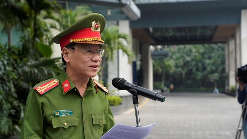 Đại tá Trần Ngọc Dương - Phó Giám đốc Công an thành phố Hà Nội phát biểu tại buổi diễn tập.