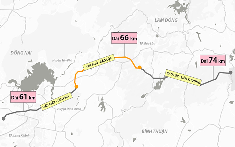 Cao tốc Dầu Giây - Tân Phú được đầu tư với tổng chiều dài khoảng 60,1 km, trong đó: điểm đầu tại Km0+000, giao với QL.1 tại khoảng Km1829+500, trùng với điểm cuối cao tốc Thành phố Hồ Chí Minh - Long Thành - Dầu Giây - Ảnh Diendandoanhnghiep.vn
