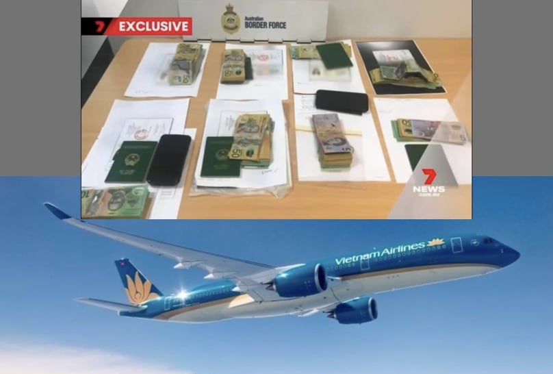 Hình ảnh tiền mặt và hộ chiếu của nhóm tiếp viên bị phỏng vấn ở sân bay Úc (Ảnh: 7News)