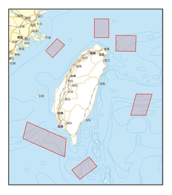Bản đồ các khu vực Trung Quốc dùng để tập trận xung quanh Đài Loan từ ngày 4/8 - 7/8 (Ảnh: Tân hoa xã)