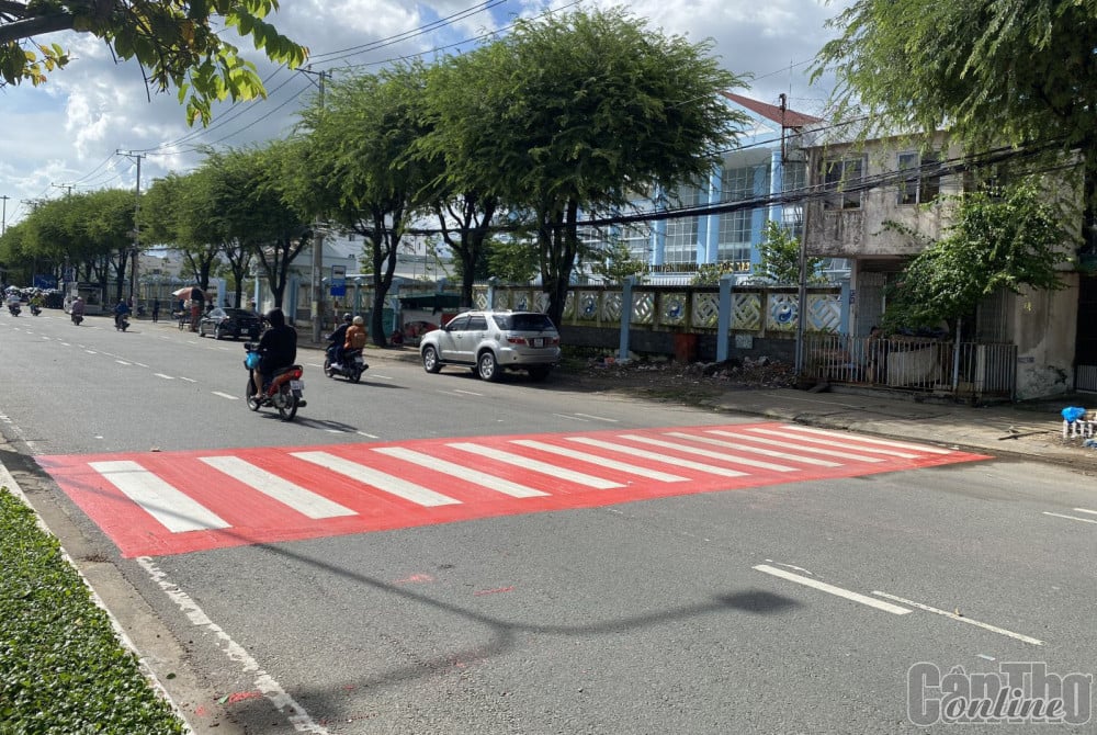 Mô hình “Thảm an toàn cho học sinh qua đường” khu vực trước cổng Trường Tiểu học Nguyễn Du, TP.Cần Thơ vừa hoàn thành. Ảnh: Báo Cần Thơ