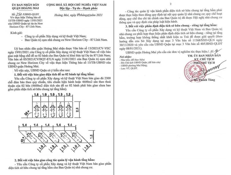 Văn bản số 251 của UBND quận Hoàng Mai yêu cầu chủ đầu tư bàn giao hầm để xe của cụm nhà chung cư New Horizon City