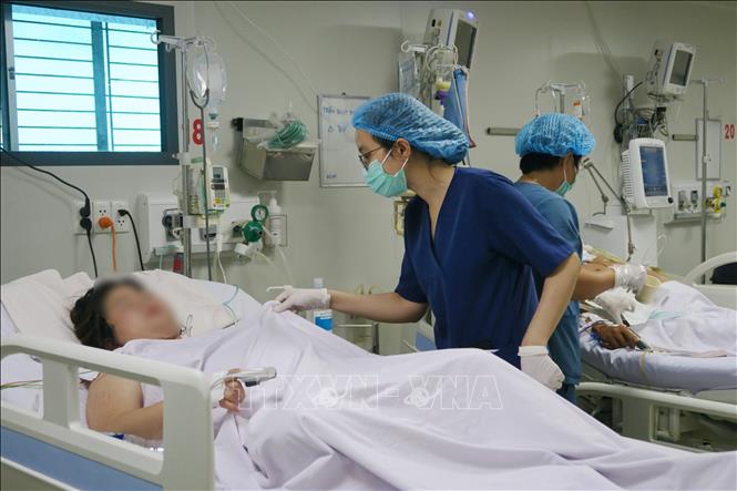 Nhân viên y tế của Khoa Cấp cứu – Hồi sức tích cực – Chống độc người lớn, Bệnh viện Bệnh Nhiệt đới Thành phố Hồ Chí Minh chăm sóc cho bệnh nhân sốt xuất huyết nặng. Ảnh: Báo Tin tức