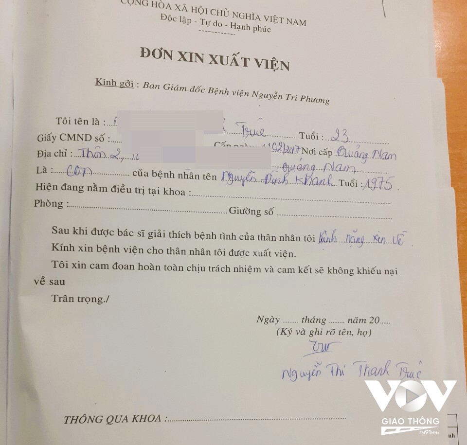 Đơn xin về của gia đình bệnh nhân tại BV Nguyễn Tri Phương, TP.HCM (Ảnh: Bệnh viện cung cấp)