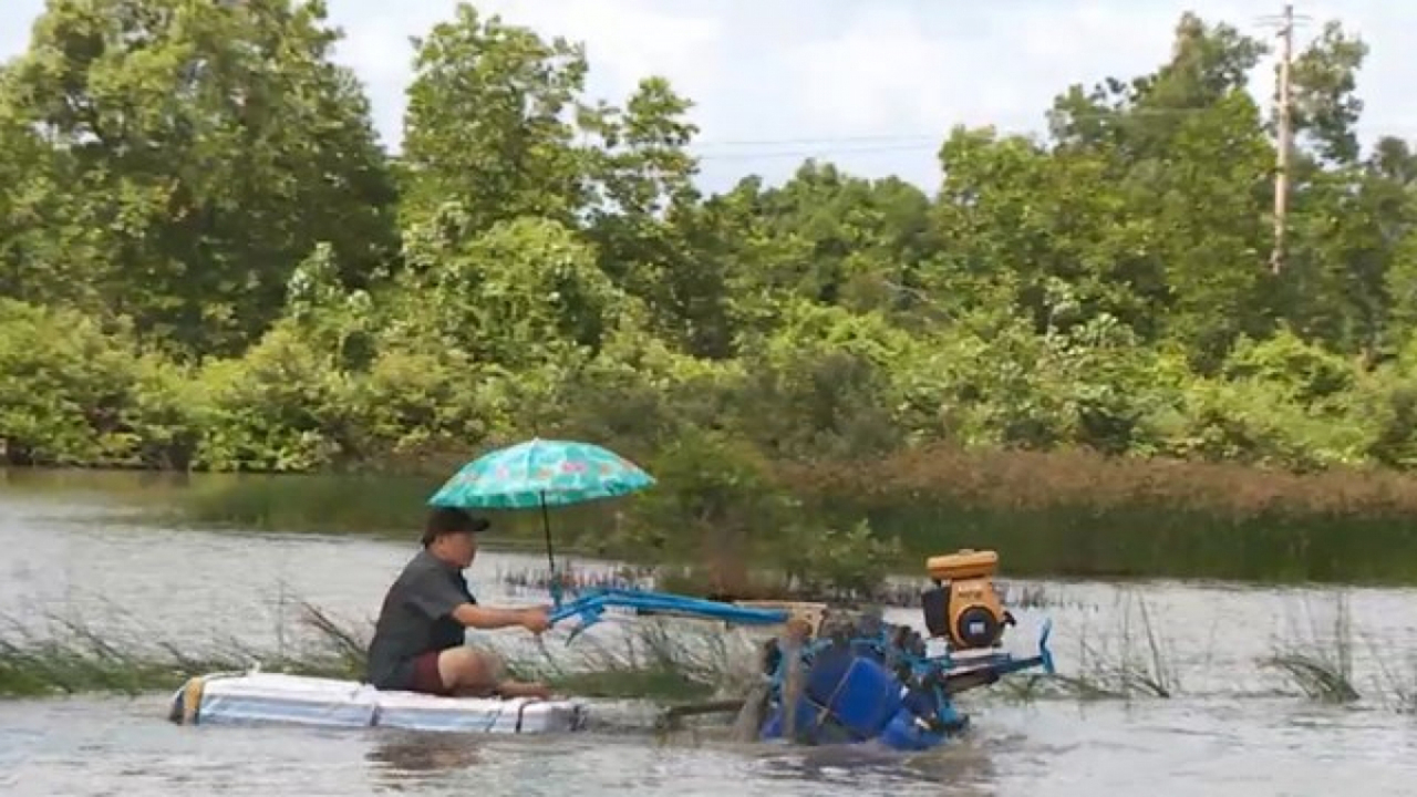 Chiếc máy cày nổi trên mặt nước độc đáo của ông Nguyễn Văn Rô, ở ấp Giá Ngự, xã Đông Hưng, huyện Cái Nước tỉnh Cà Mau - Ảnh Daidoanket.Vn