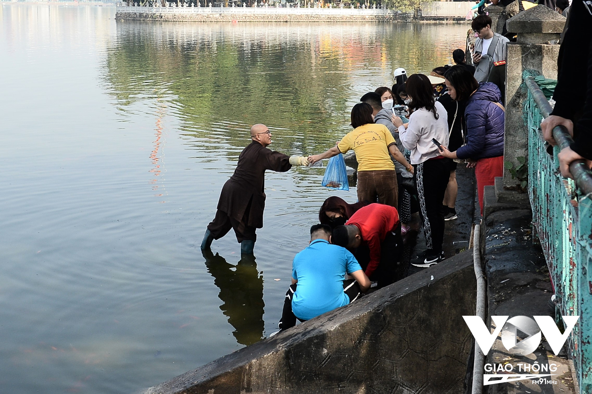 Tại khu vực Hồ Tây , đoạn gần chùa Trấn Quốc cũng có nhiều người dân tới thả cá.