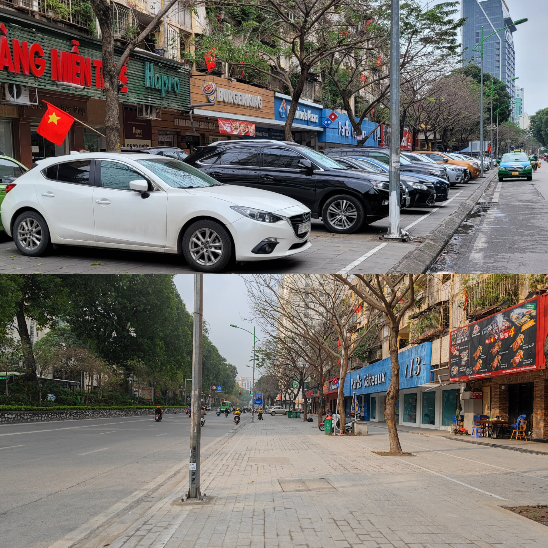 Vỉa hè phố Giảng Võ trước và sau yêu cầu của UBND TP Hà Nội về tạm dừng đỗ ô tô trên vỉa hè, hạn chế hư hỏng kết cấu hạ tầng