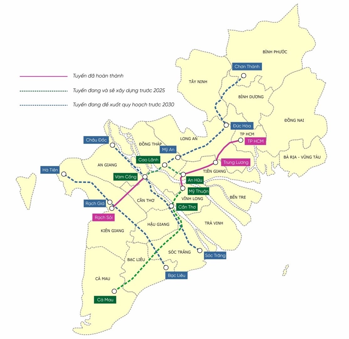 Bản đồ các tuyến cao tốc dự kiến xây dựng trong giai đoạn từ nay và 2025-2030 ở ĐBSCL