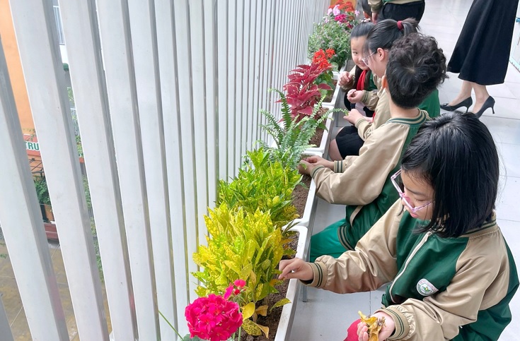 Các em học sinh trường tiểu học Nguyễn Tuân hào hứng khi tự mình chăm sóc cây cảnh, hoa lá ở phần hành lang trước cửa lớp mình (Ảnh: Phòng GD&ĐT Thanh Xuân)