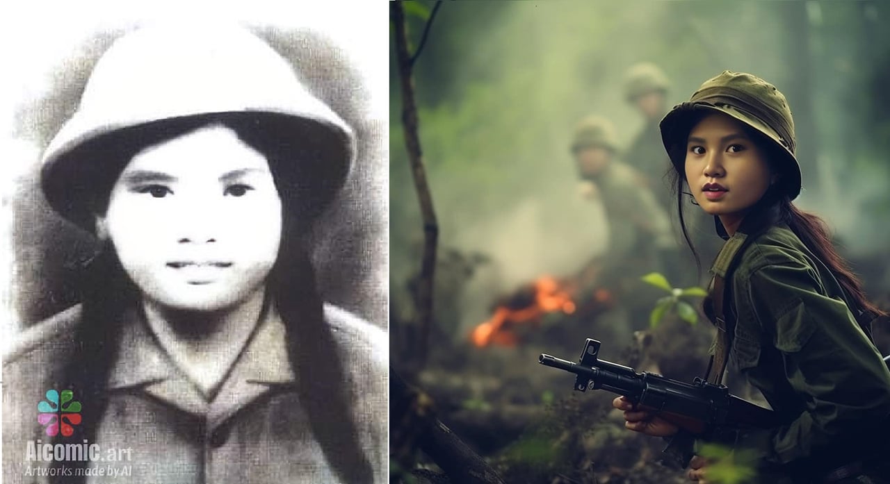 Bức ảnh liệt sĩ Võ Thị Hà, 1 trong 10 cô gái Ngã ba Đồng Lộc, được AI Comic vẽ lại bối cảnh trên chiến trường. Dữ liệu chỉ từ bức chân dung cũ và tưởng tượng của người còn sống