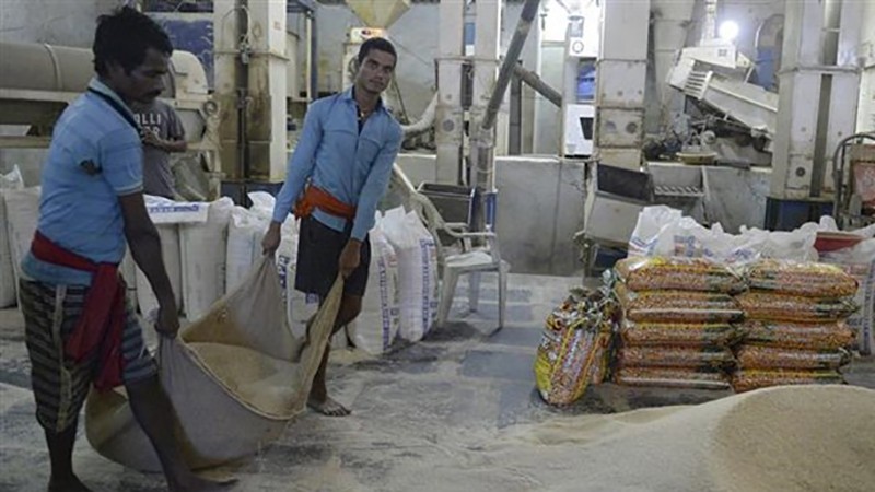 Công nhân làm việc tại một nhà máy xay xát gạo ở Hyderabad, Ấn Độ. Ảnh: AFP/TTXVN