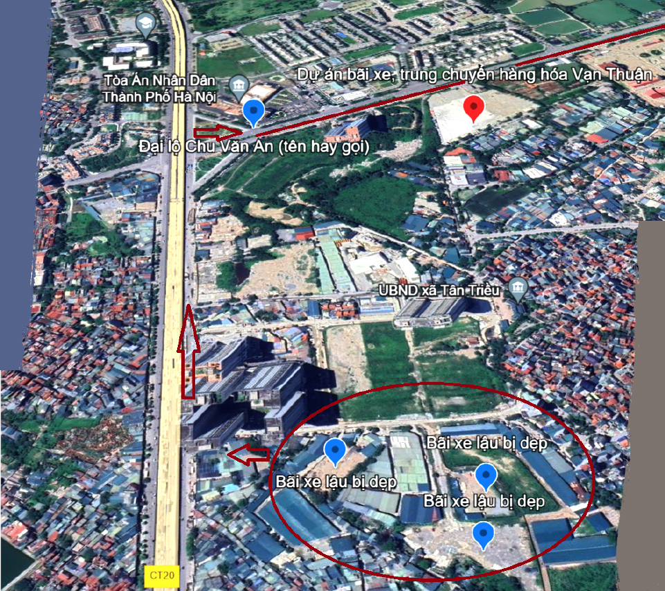 Ảnh vệ tinh đánh dấu các bãi xe bị đóng cửa và hướng dạt ra ngoài của hàng trăm xe tải tiến về tập kết ở Đại lộ Chu Văn An.