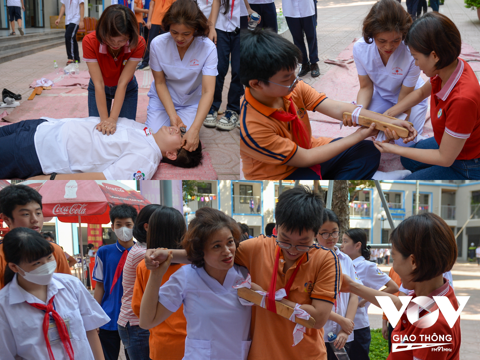 Nhân viên Y tế của Trung tâm Y tế quận Ba Đình hướng dẫn cho các em học sinh, giáo viên và cán bộ, nhân viên nhà trường kỹ năng sơ cấp cứu cho người bị nạn.