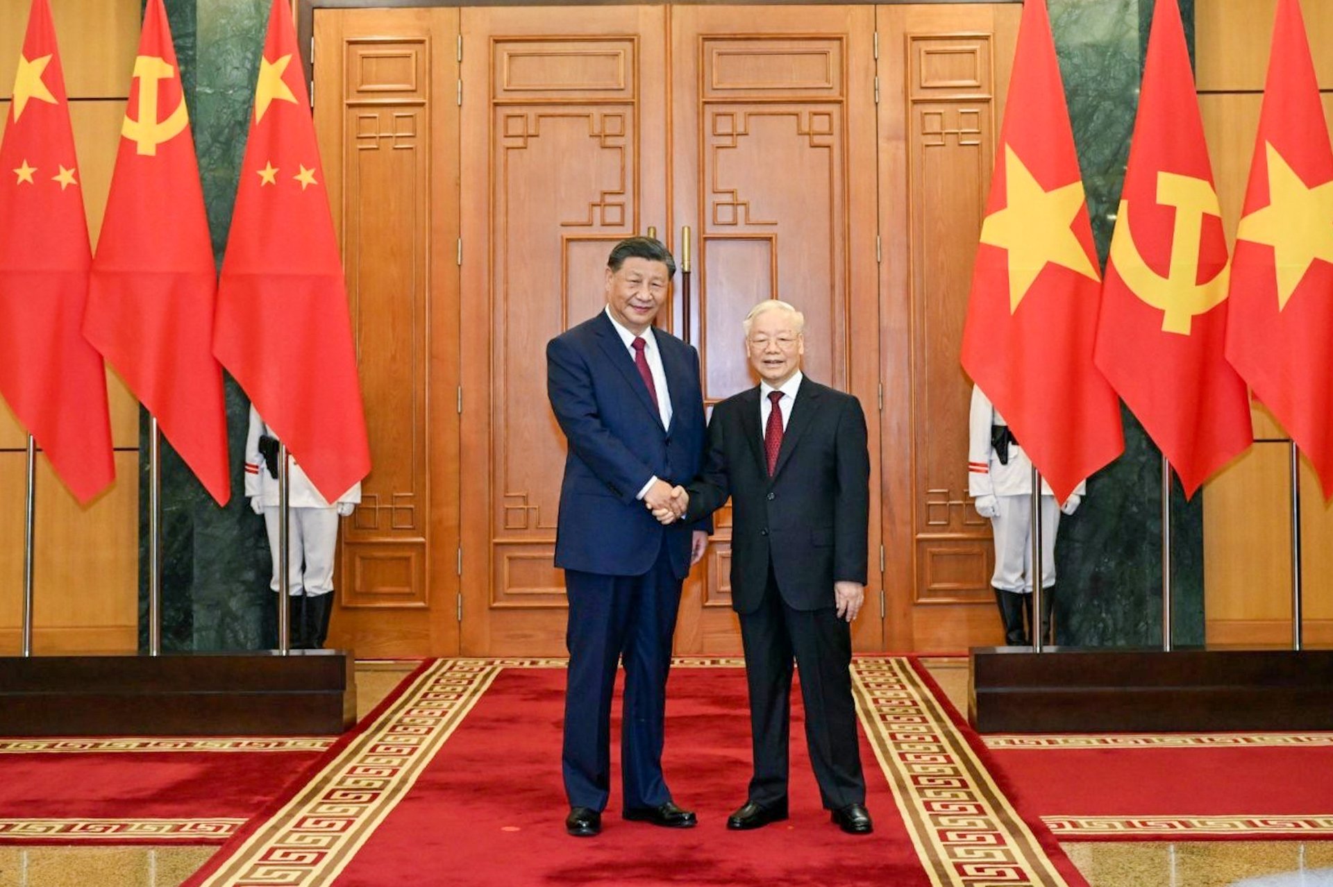 Tổng Bí thư Nguyễn Phú Trọng đã có buổi hội đàm với Tổng Bí thư, Chủ tịch nước Trung Quốc Tập Cận Bình (Ảnh: VGP)