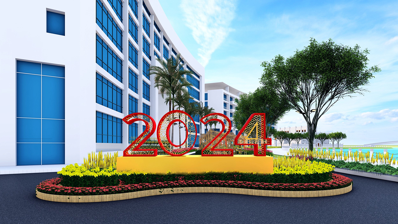 Biểu tượng năm 2024 được cách điệu bằng vảy rồng được đặt tại đầu khu vực đường Hoa Phú Mỹ Hưng