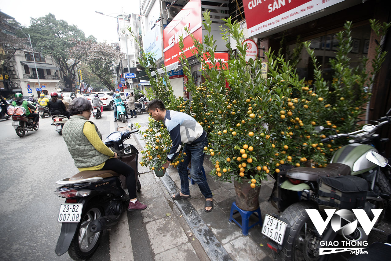 Nhiều người chọn cách mua quất, hoa đào dọc phố thay vì vào chợ