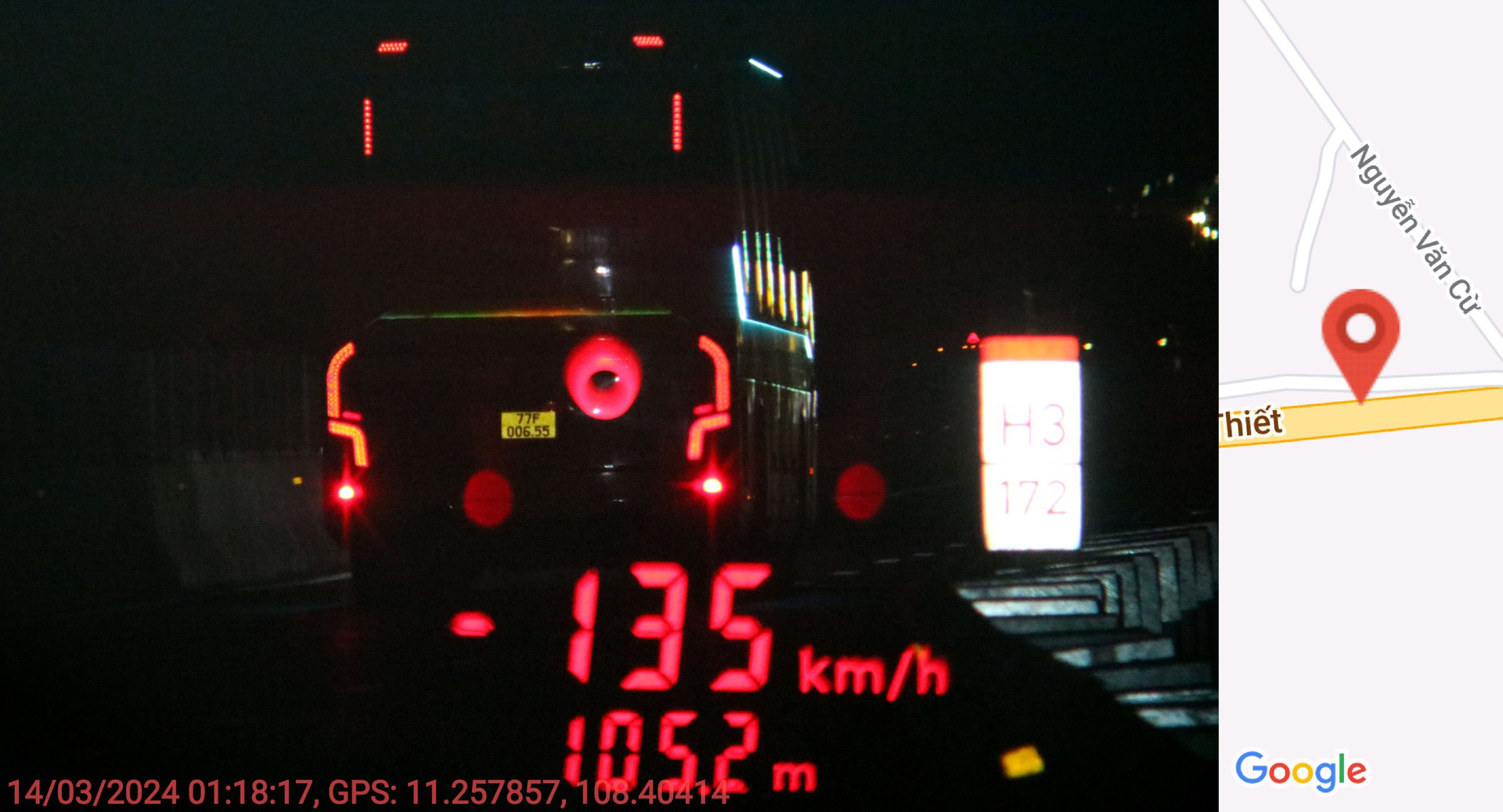 Hình ảnh xe khách bks 77F-00655 vi phạm tốc độ trên cao tốc Phan Thiết – Vĩnh Hảo (ảnh do CSGT cung cấp)
