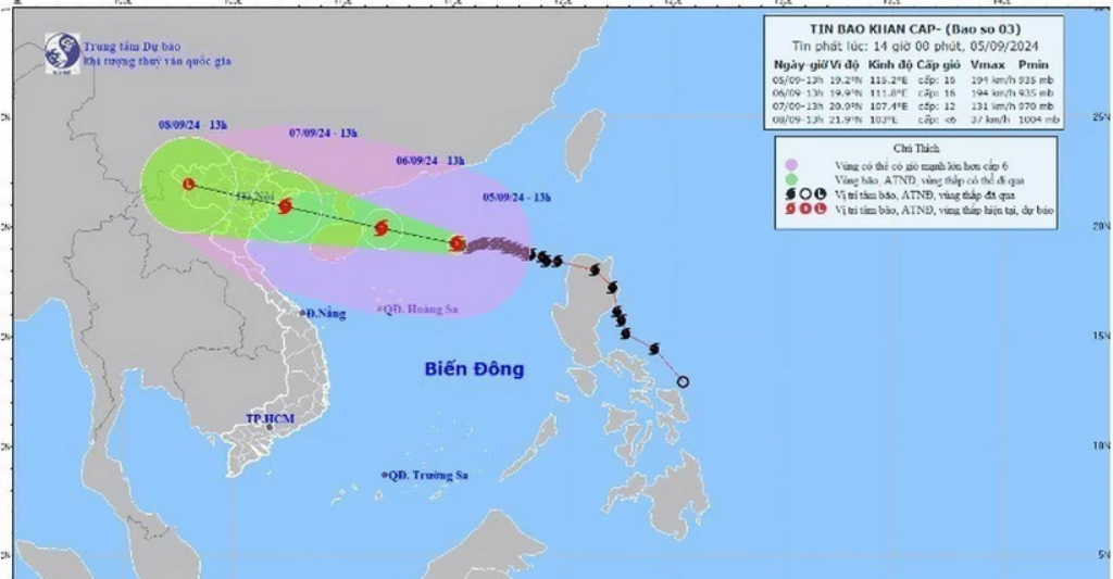 Đường đi của cơn bão số 3 (YAGI). Bản tin phát hồi 14h ngày 05/9/2024 (Nguồn: nchmf.gov.vn)