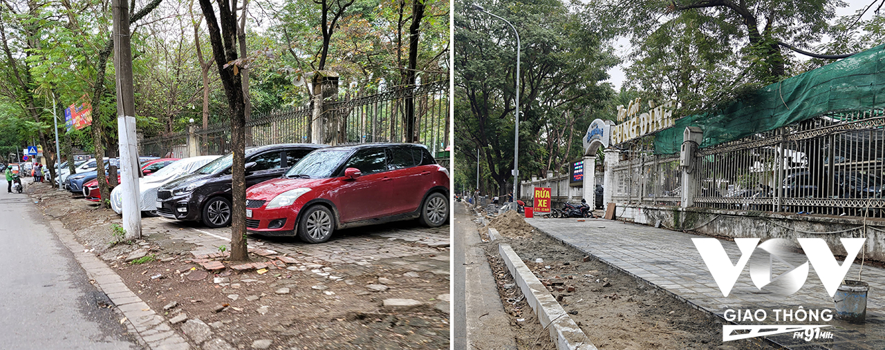 Đoạn vỉa hè tại phố Võ Thị Sáu trước và sau khi xử lý vi phạm lấn chiếm vỉa hè làm nơi trông xe