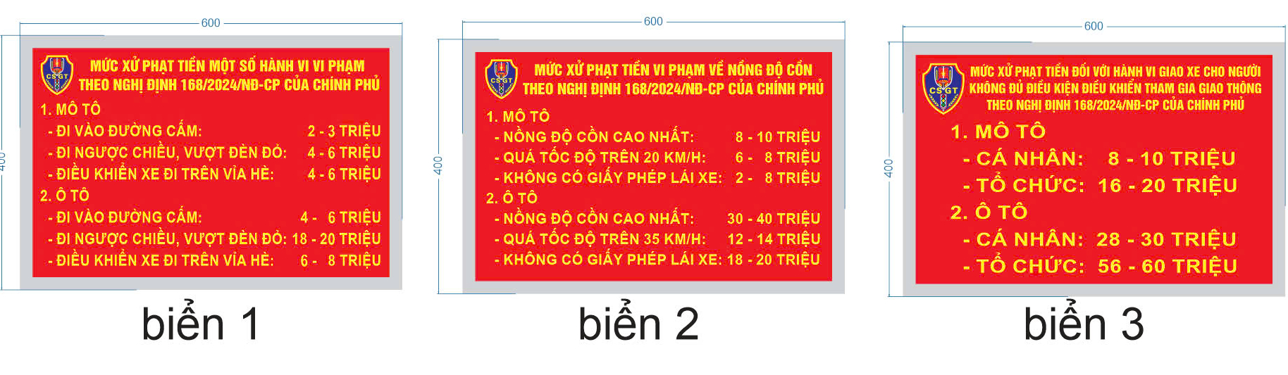 Nội dung trên các biển tuyên truyền bao gồm mức xử phạt theo Nghị định số 168/2024 đối với một số hành vi vi phạm, là nguyên nhân chính dẫn đến ùn tắc, tai nạn giao thông.