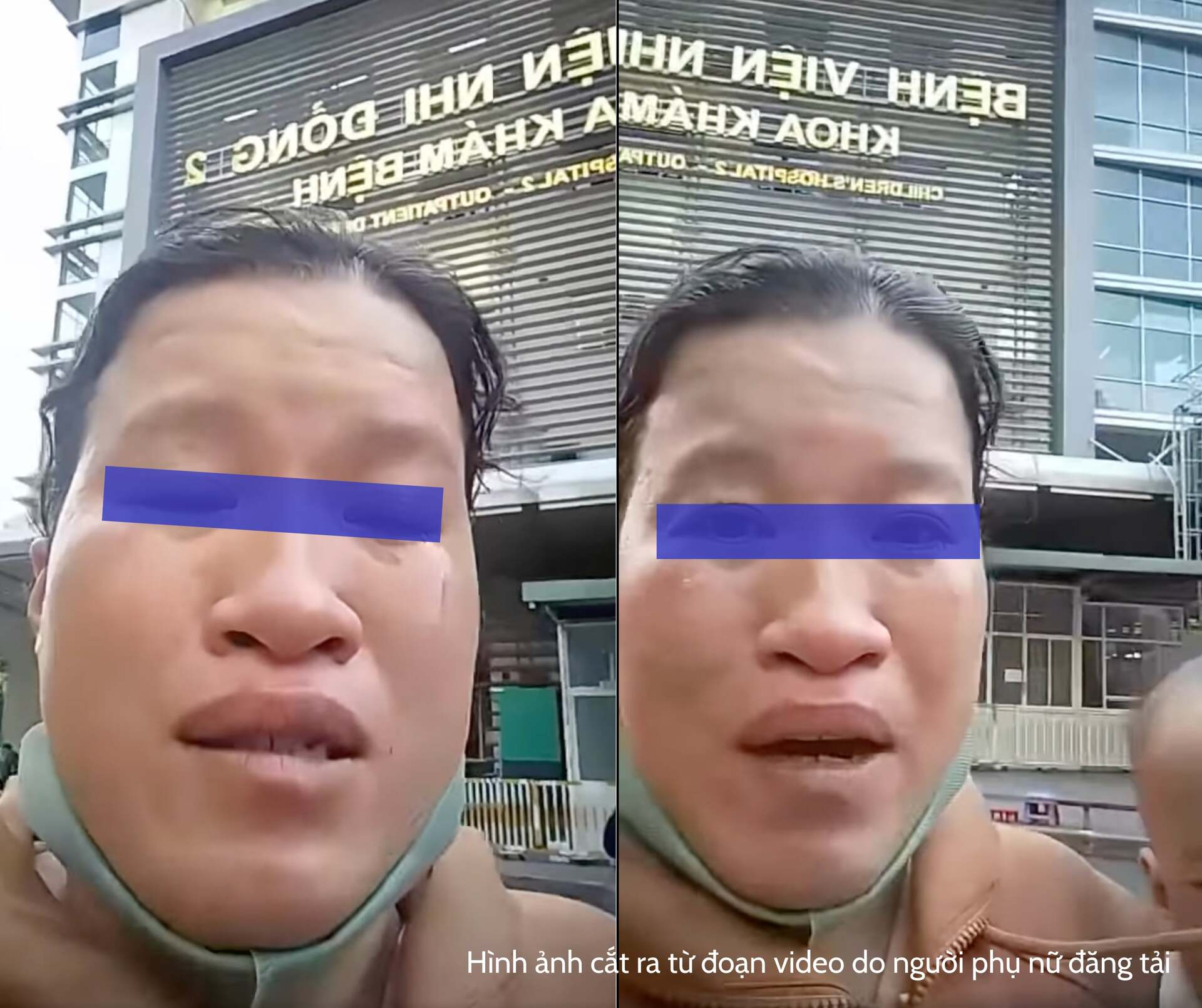 Hình ảnh cắt từ clip người phụ nữ livestream khóc lóc kếu bị dàn cảnh móc túi mất 9,5 triệu đồng trước BV Nhi đồng 2.