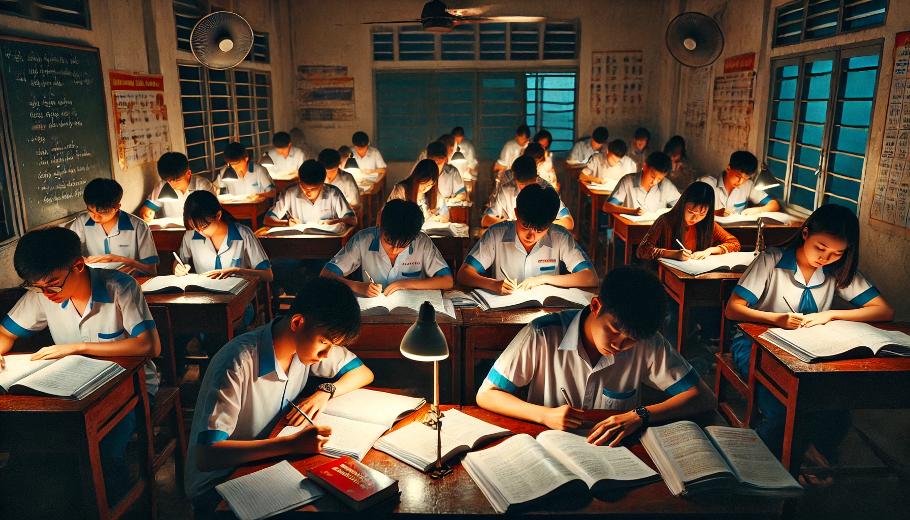 Học sinh Việt Nam ôn tập buổi tối, chuẩn bị cho kỳ thi quan trọng (Ảnh minh họa: ChatGPT)