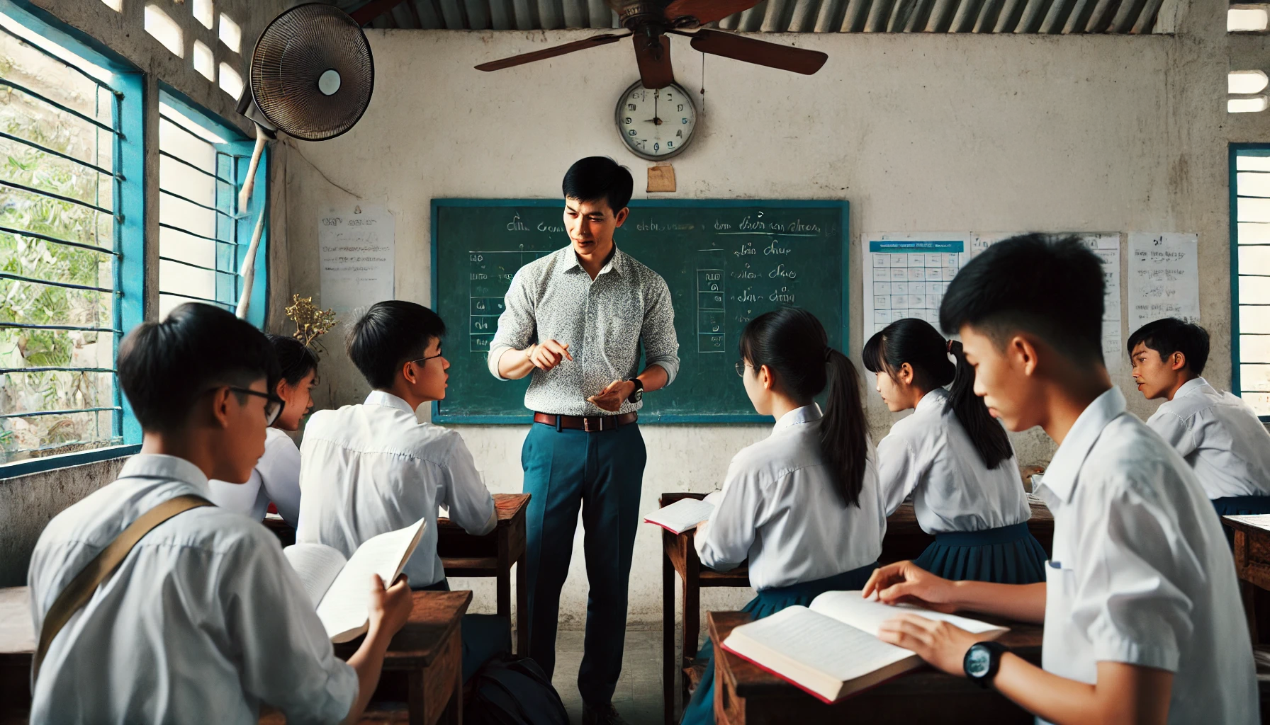 Giáo viên hướng dẫn học sinh trong lớp học thêm, giúp các em nắm vững kiến thức (Ảnh minh họa: ChatGPT)